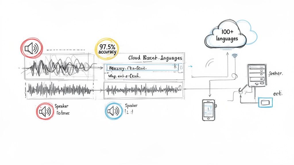 Diagram illustrating cloud-based speech processing: audio input, 97.5% accuracy, 100+ languages, and output to mobile device.