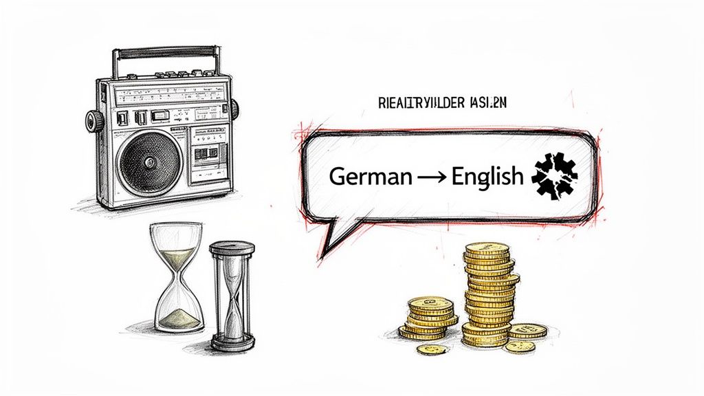 Sketch of a boombox, hourglasses, coins, and a speech bubble showing German to English translation.
