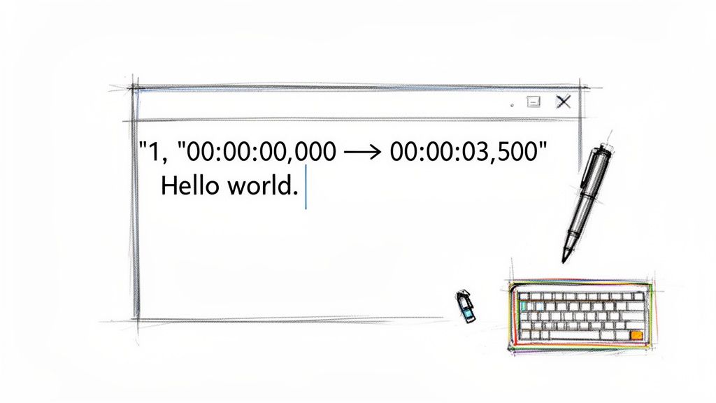 A hand-drawn computer window displaying SRT subtitle content, with a pen and keyboard.
