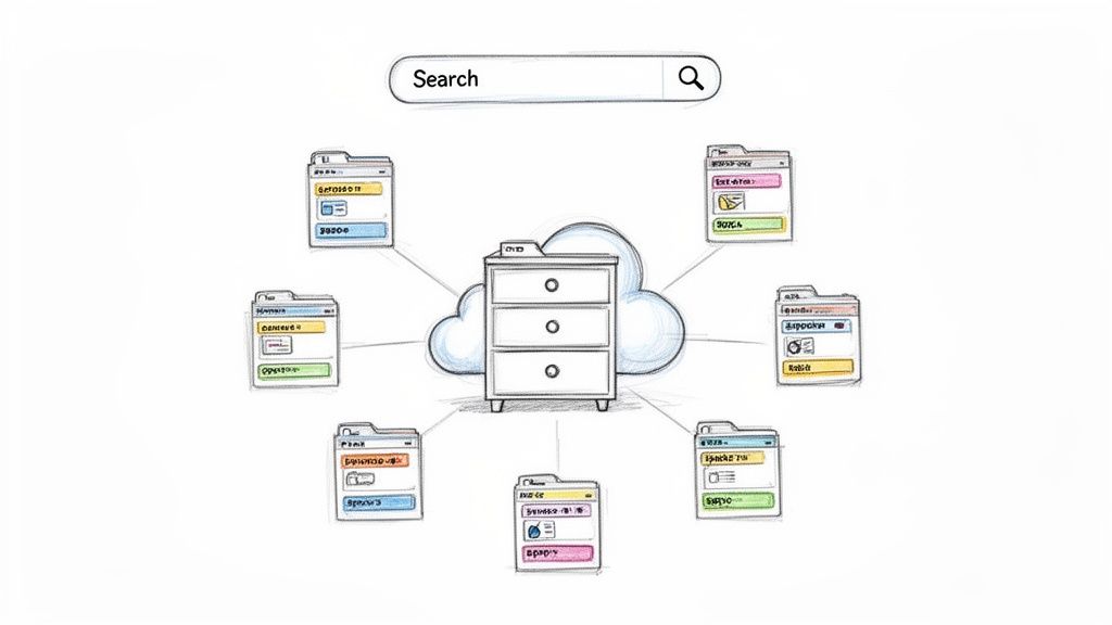 A search bar connected to a cloud and filing cabinet, surrounded by digital file folders representing data retrieval.