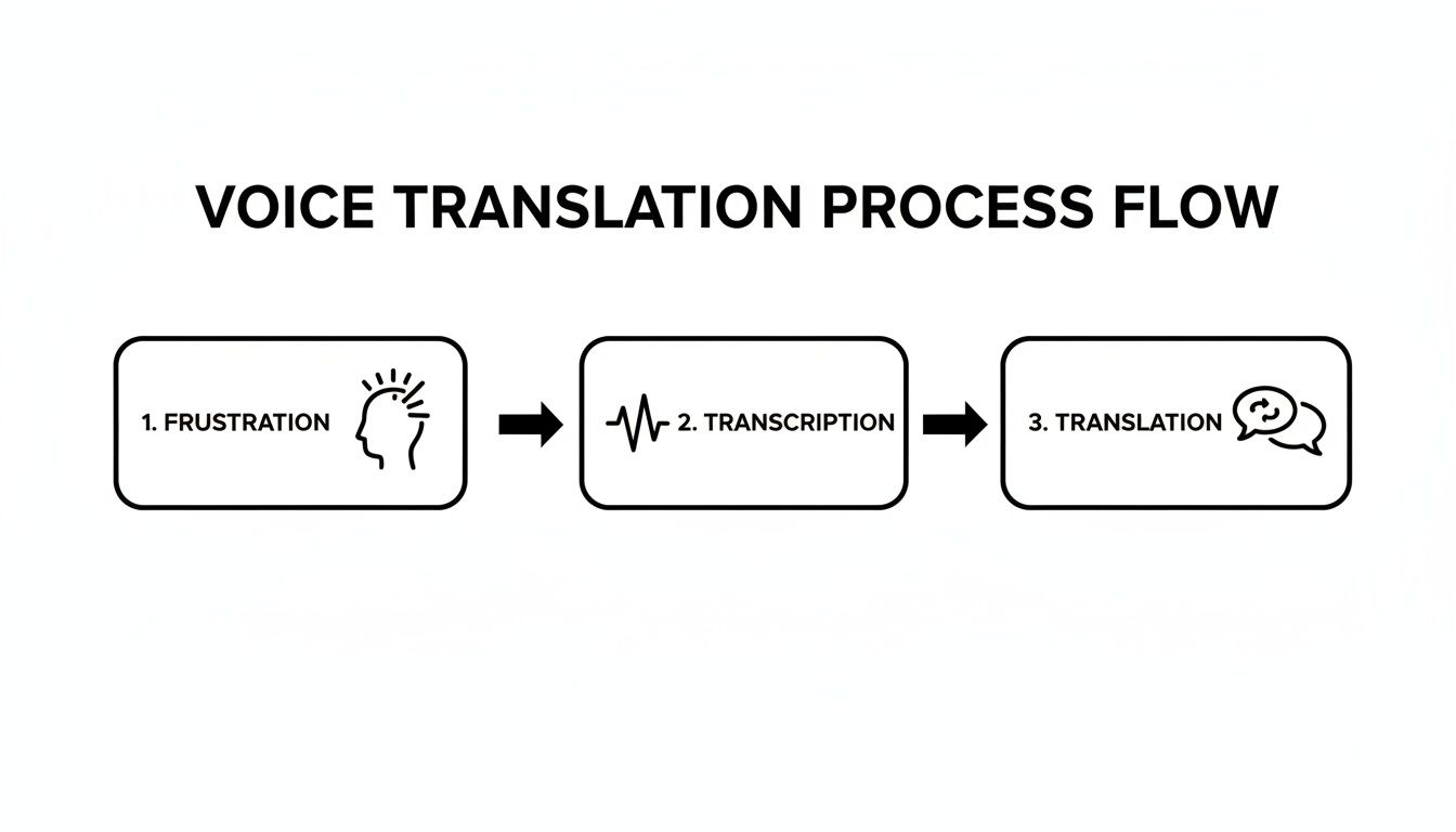 Flowchart illustrating the voice translation process, showing steps from frustration to transcription and translation.