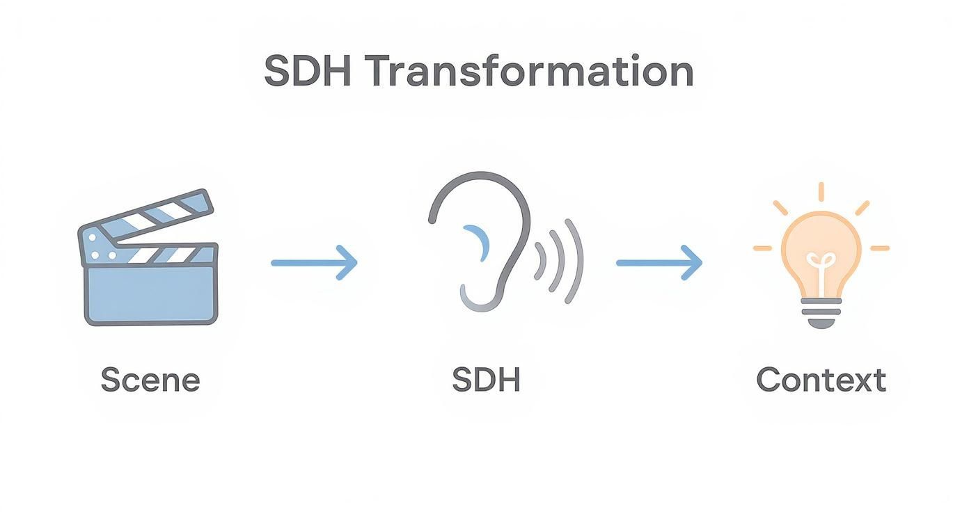 Diagram showing SDH transformation process from scene through audio listening to context understanding with lightbulb