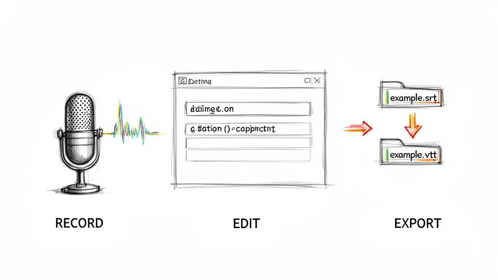 Workflow diagram showing recording audio, editing text in a window, and exporting to SRT and VTT subtitle files.