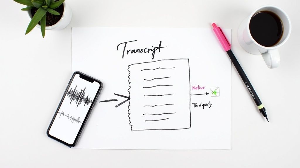 A flat lay shows an iPhone transcribing audio into a document labeled 'Transcript,' indicating native or third-party options.