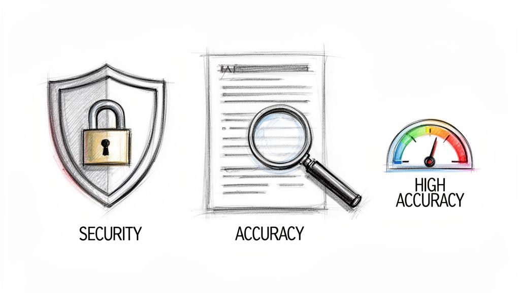 Illustrations showing security with a shield and padlock, and high accuracy with a document and a gauge.