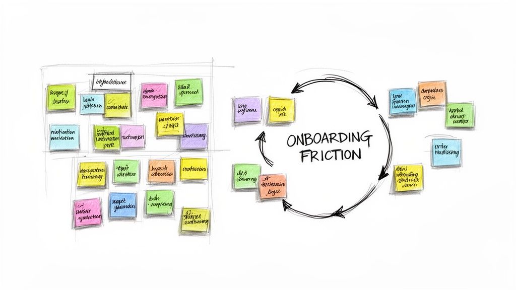 Un diagrama de lluvia de ideas que muestra 'ONBOARDING FRICTION' como tema central, rodeado de numerosas notas adhesivas con desafíos e ideas relacionadas.