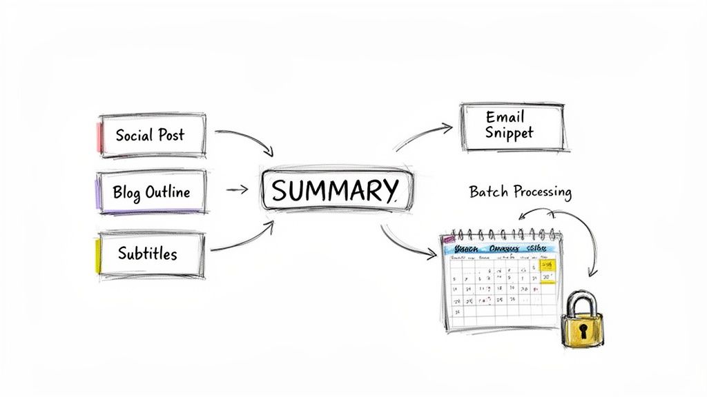 Diagram showing a summary generated from social posts, blog outlines, and subtitles, leading to email snippets and batch processing.