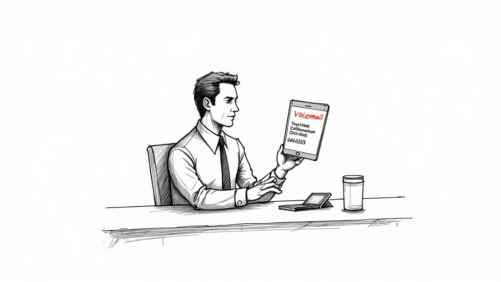 A sketch of a man in a shirt and tie, sitting at a desk and holding a tablet displaying a voicemail message.