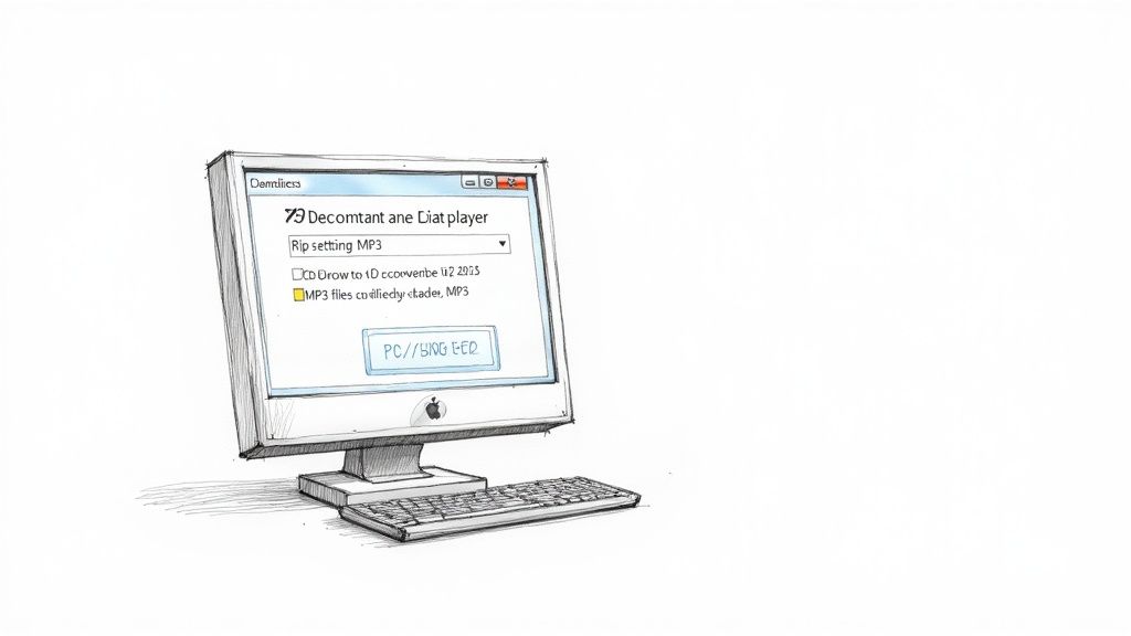 Una ilustración esbozada de una computadora de estilo antiguo que muestra una ventana de programa para copiar música a MP3.