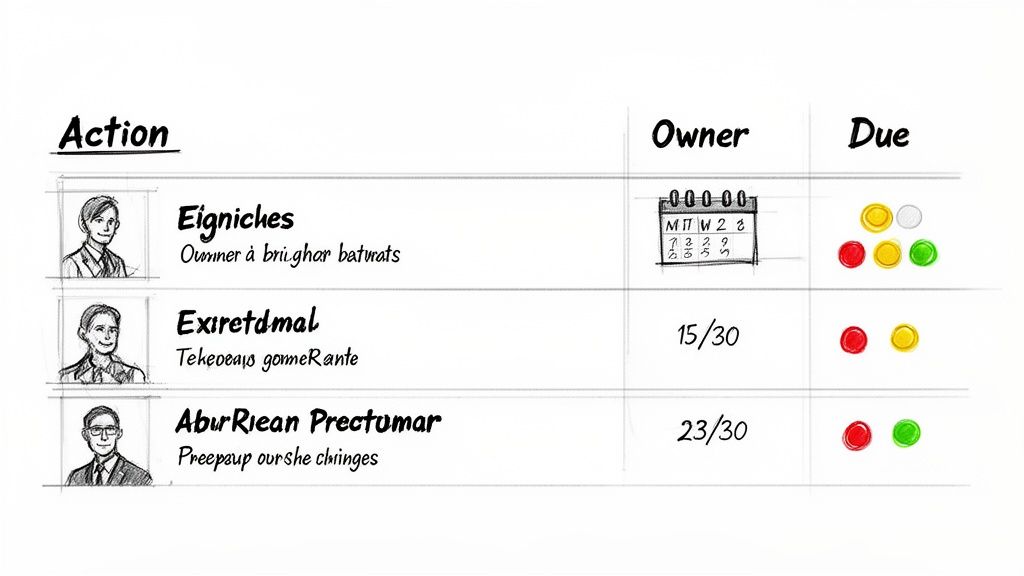 A handwritten meeting minutes table displaying actions, owners, and due dates with progress indicators.