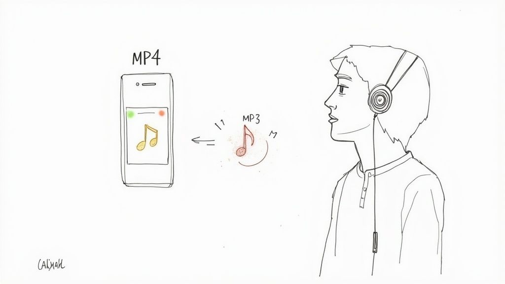 Illustration showing a smartphone's MP4 content being converted to an MP3 for headphone listening.