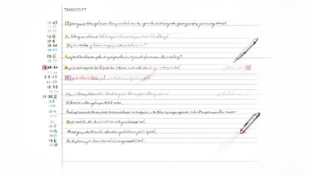 Handwritten transcript document with timestamps and corrections, featuring two drawn pens.