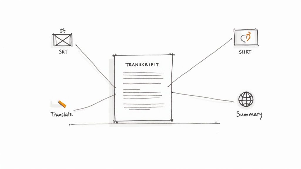 A diagram illustrating a central 'TRANSCRIPT' document with connections to SRT, SHRT, Translate, and Summary outputs.