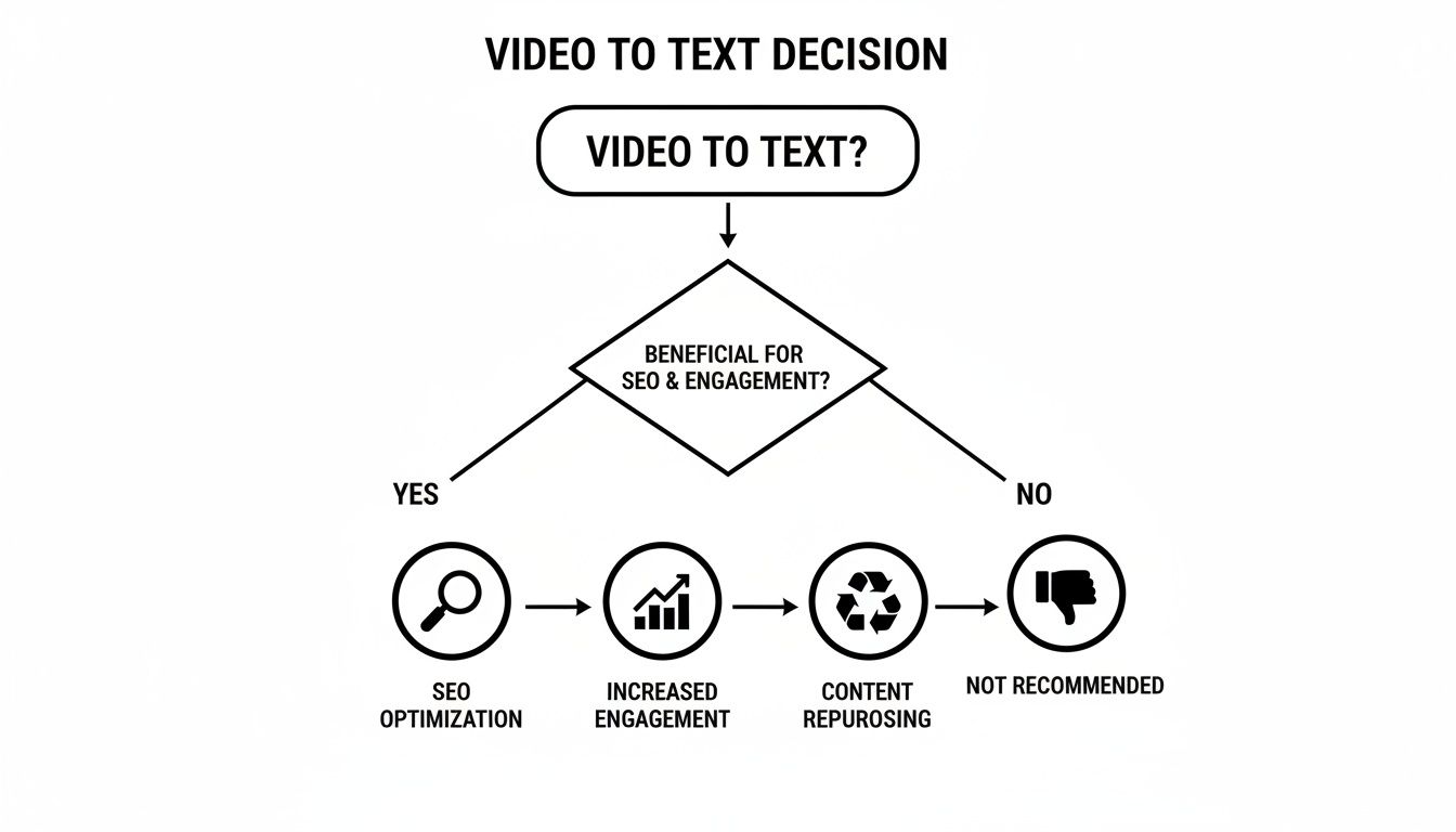 Flowchart outlining the decision process for converting video content to text for SEO, engagement, and repurposing.