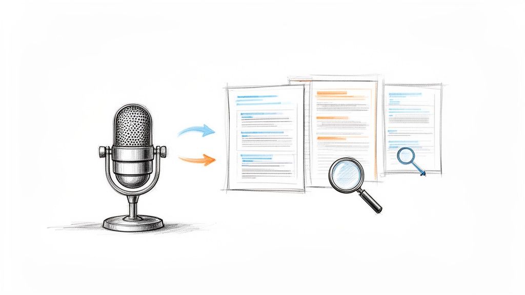 Sketch of a microphone converting audio into text documents, which are then searched with magnifying glasses.