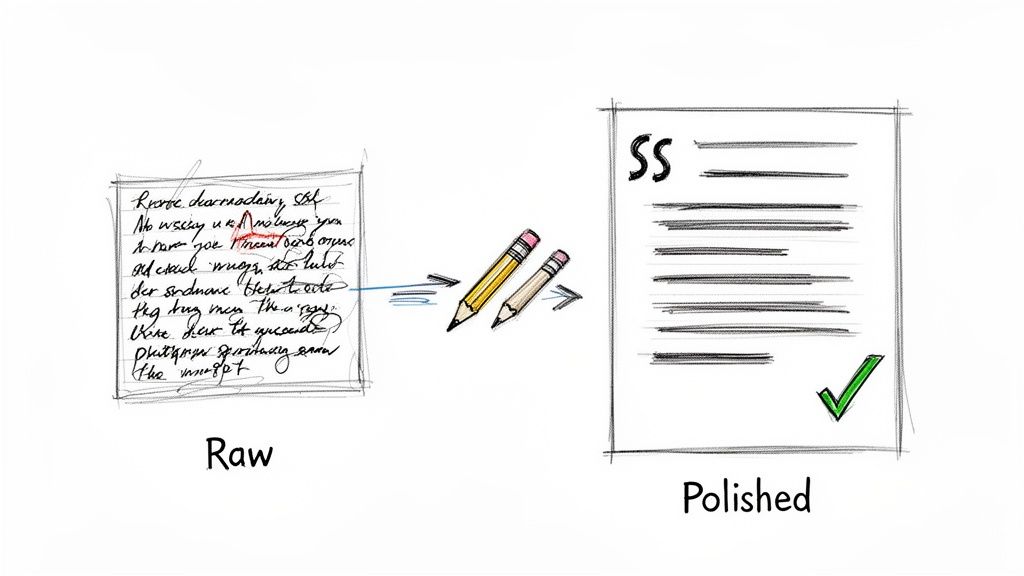 Illustration showing a raw handwritten document transformed into a polished, typed version through editing.