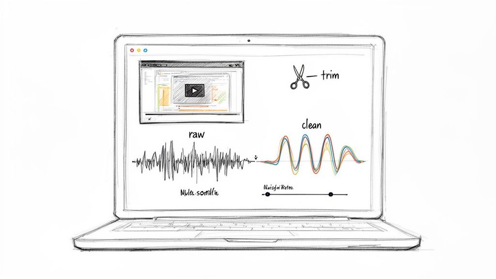 Laptop sketch: raw video and audio converted to clean waveforms, demonstrating editing and noise reduction.