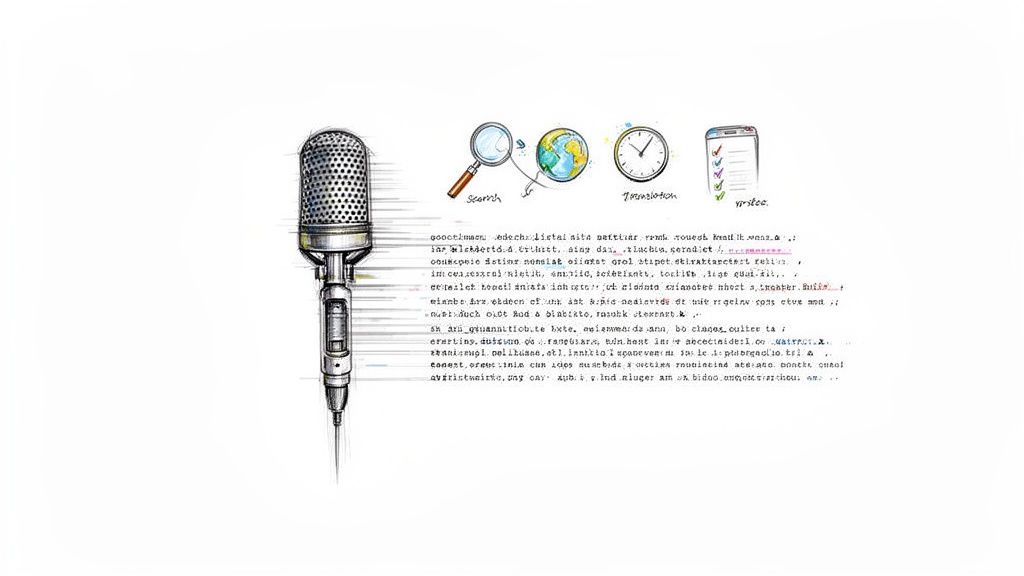 Hand-drawn illustration of a microphone connected to text, with icons for search, translation, and video.