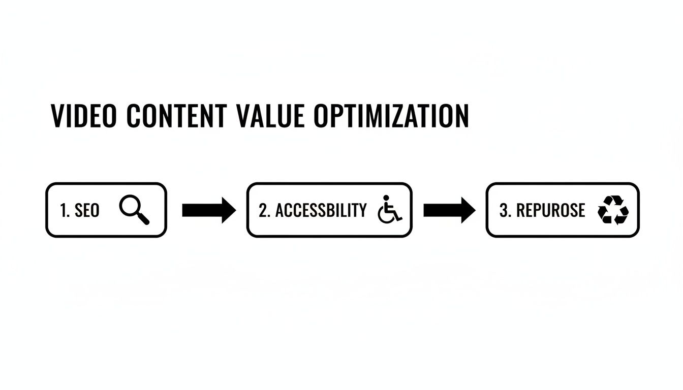 Flowchart illustrating video content value optimization through SEO, accessibility, and repurposing steps.