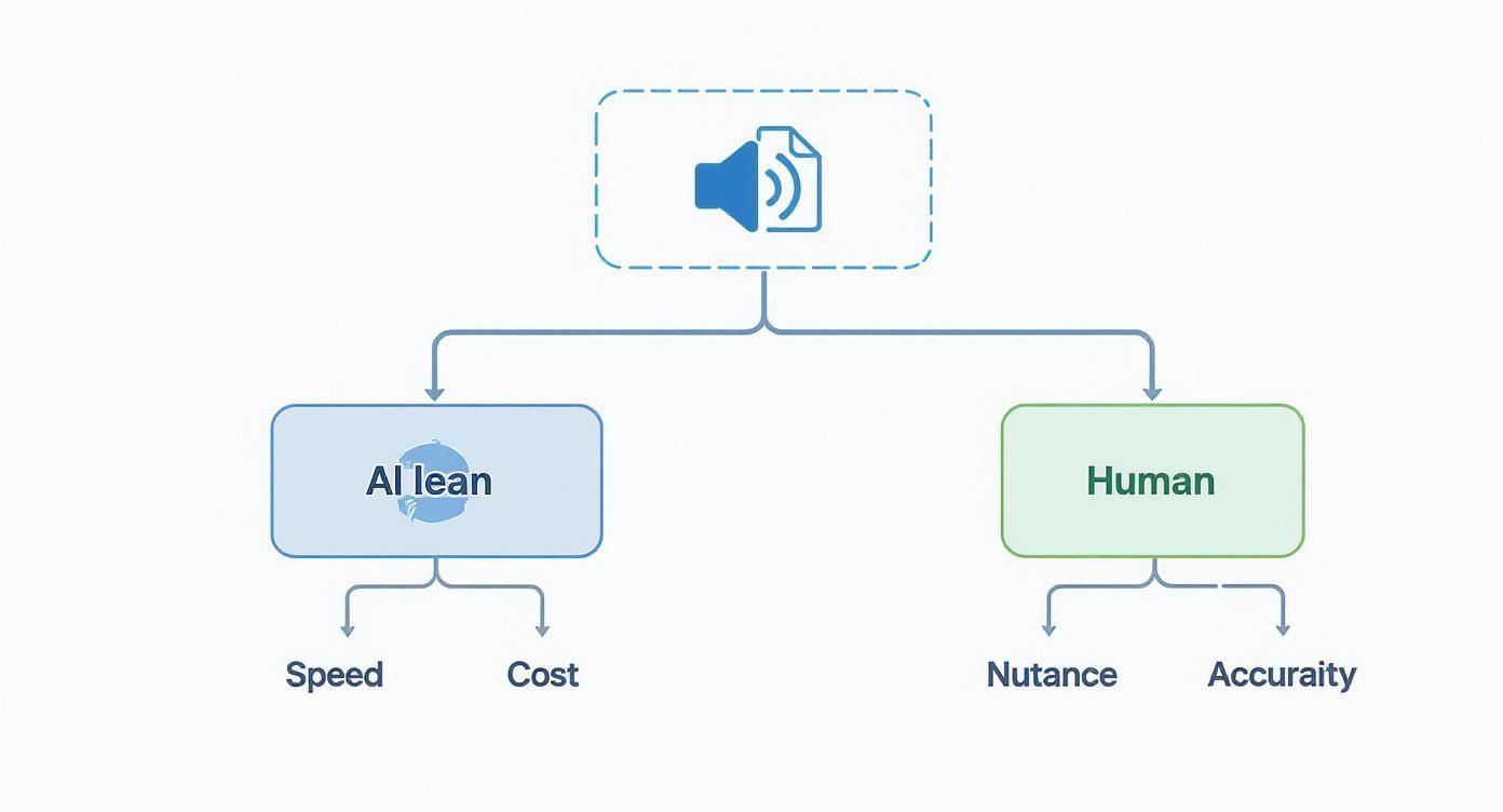 A flowchart comparing AI lean and human processing, highlighting AI for speed and cost, and human for nuance and accuracy in audio/document handling.