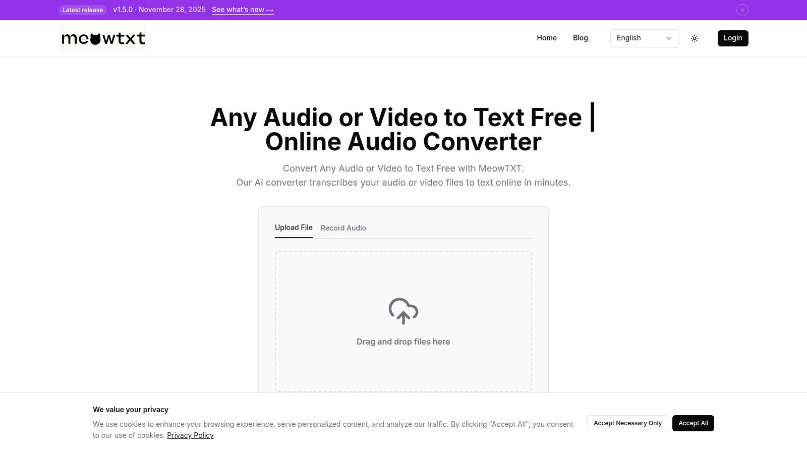 meowtxt audio to text converter interface