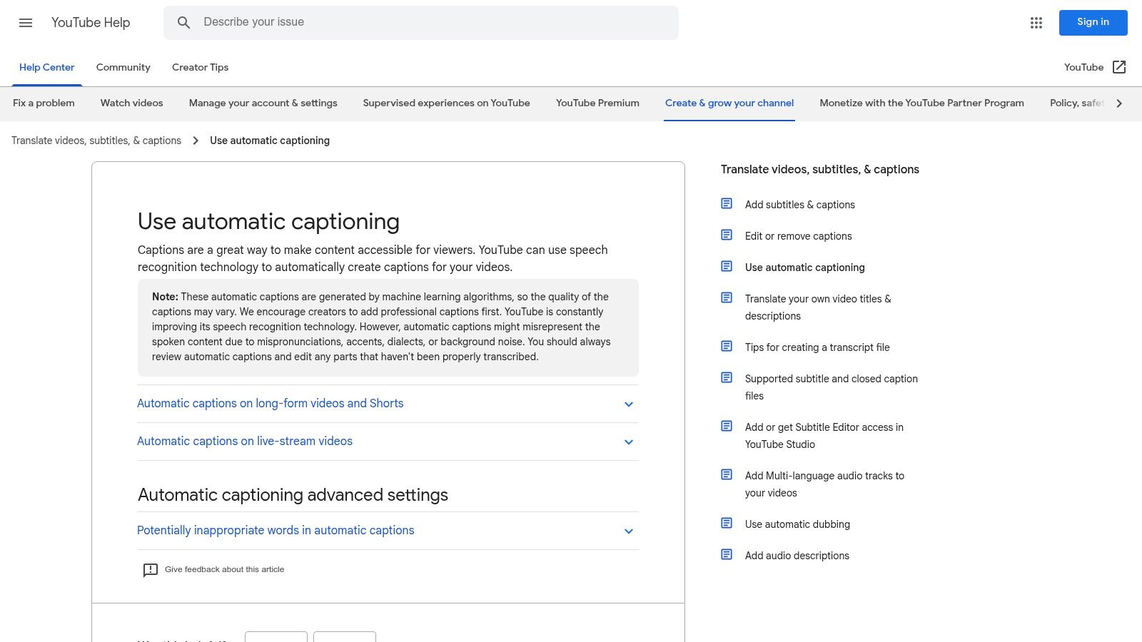 YouTube automatic captions and transcripts