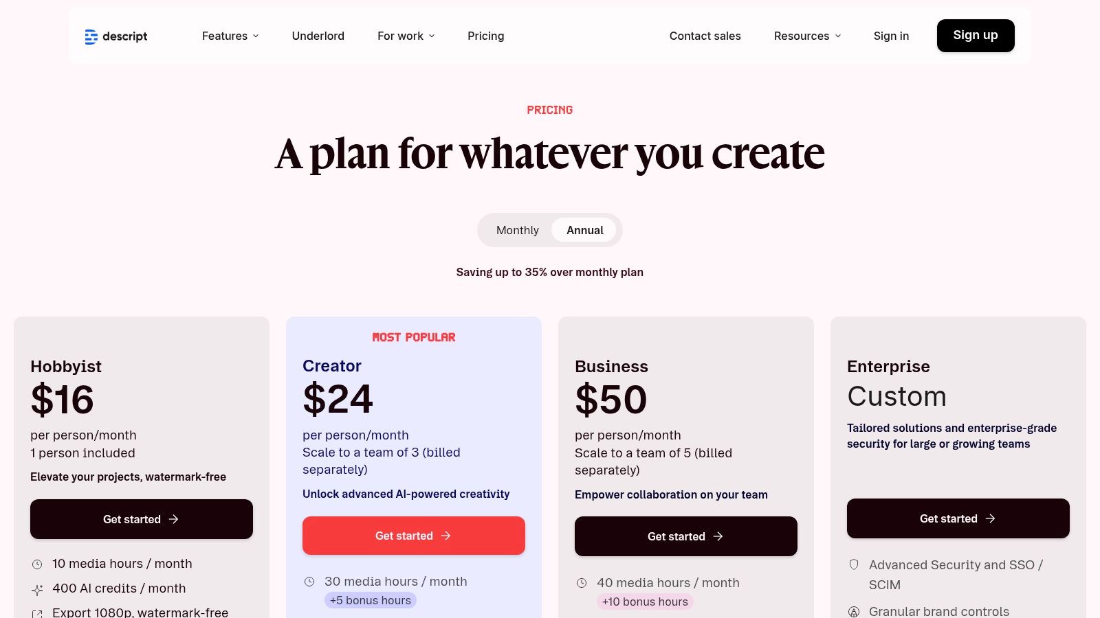 Descript pricing plans showing Free, Creator, and Pro tiers