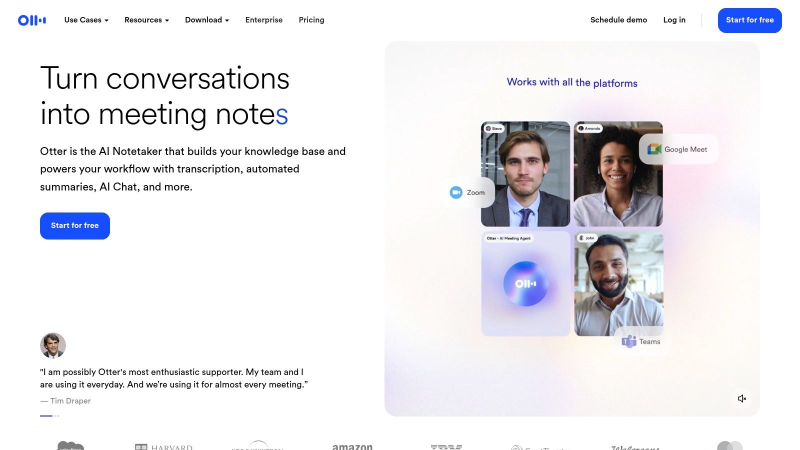 Otter.ai's interface showing a transcribed meeting with speaker identification