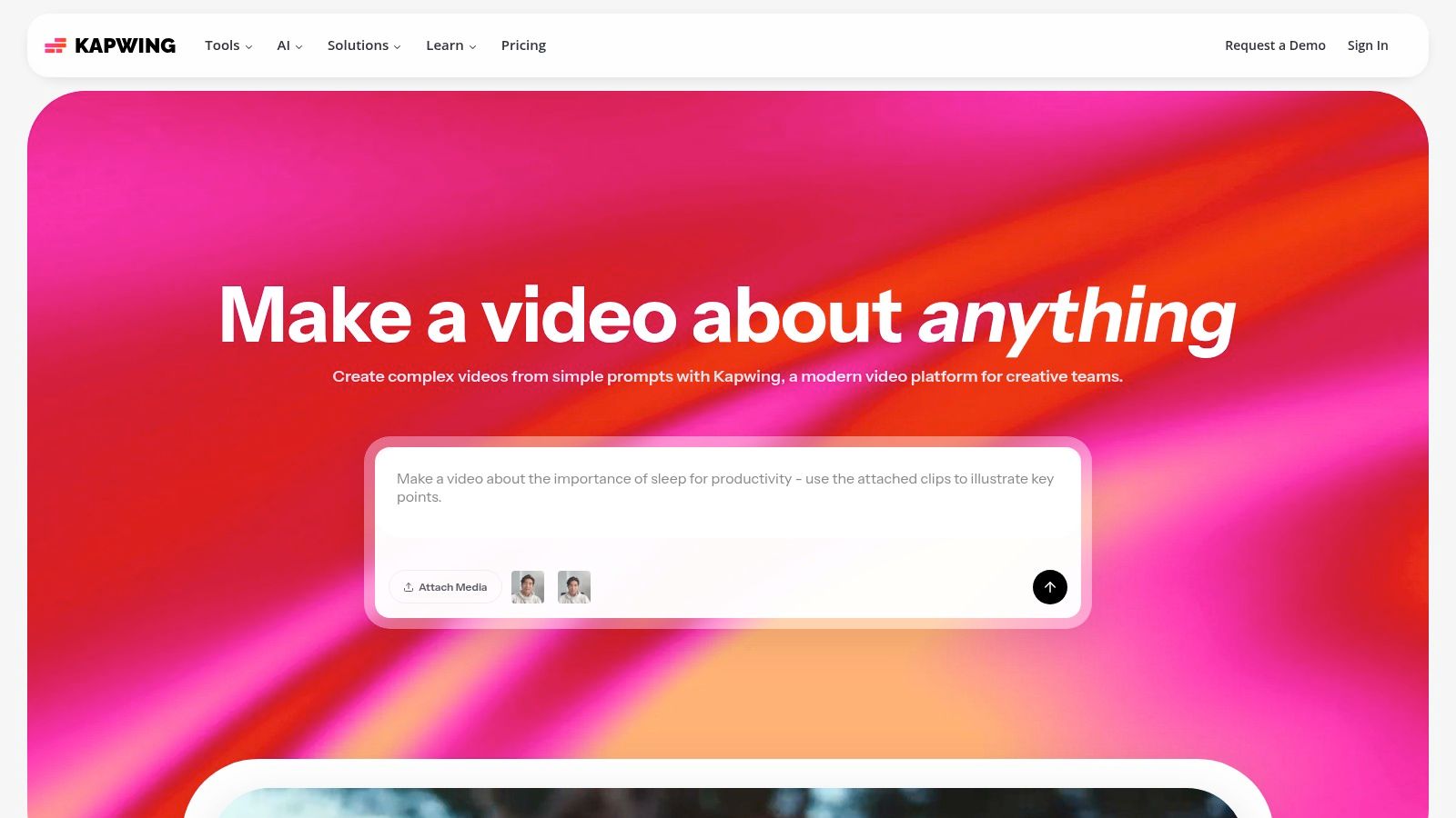 Kapwing's interface showing a video with automatically generated subtitles that can be exported as a transcript