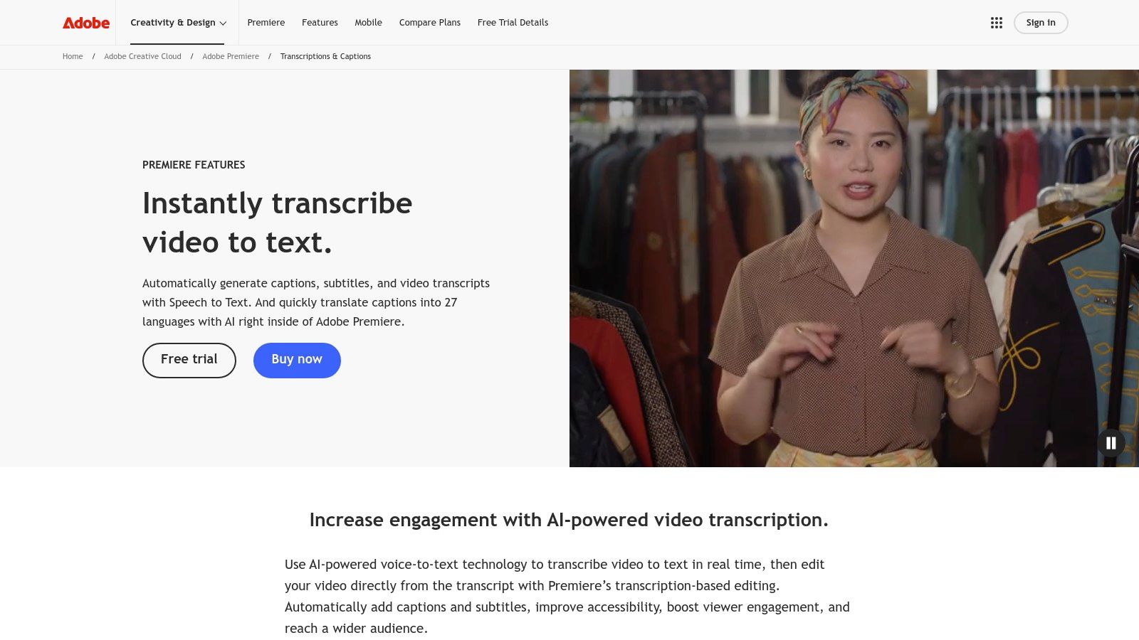 Adobe Premiere Pro (Speech to Text) interface showing video timeline and transcription panel