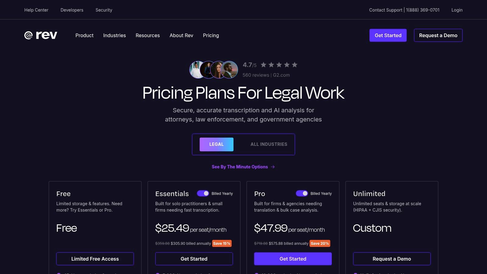 Rev pricing plans showing AI and Human transcription options
