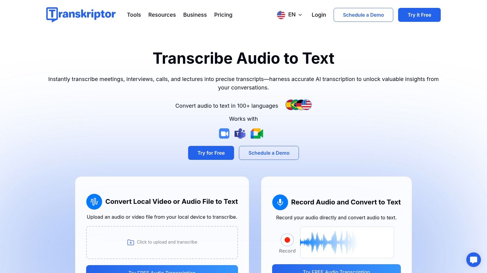 Transkriptor mobile app interface showing transcription in progress.