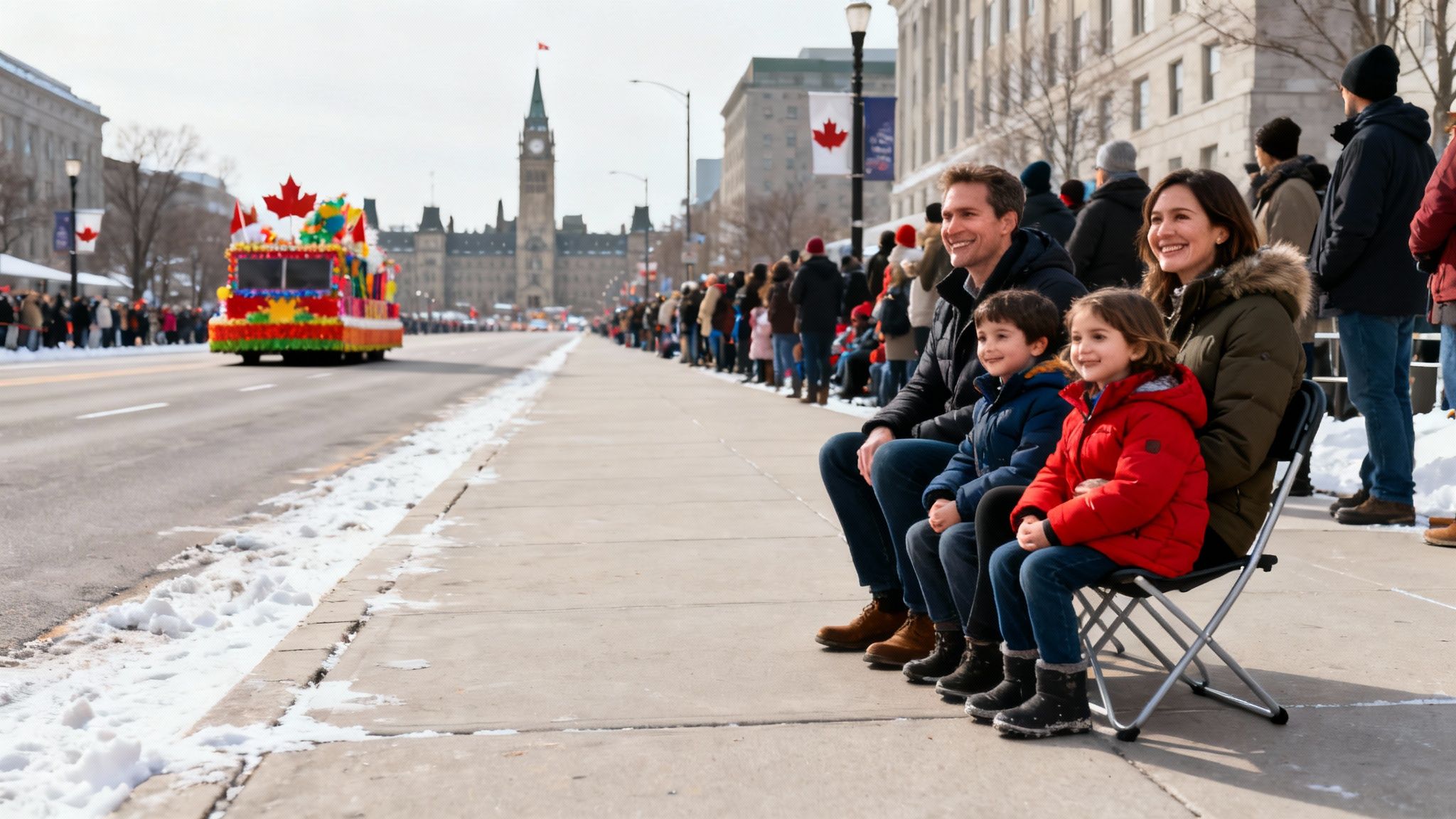 A festive Santa Claus float moving down a city street at night.