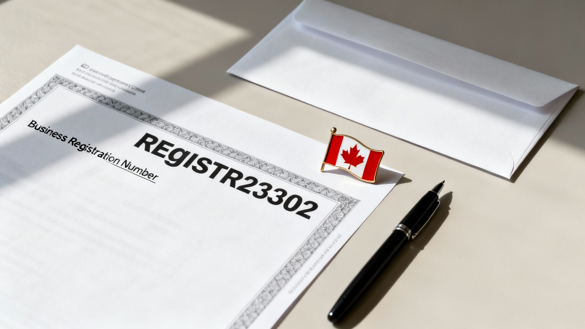 A Canadian business registration document with a pen, envelope, and flag pin on a desk.