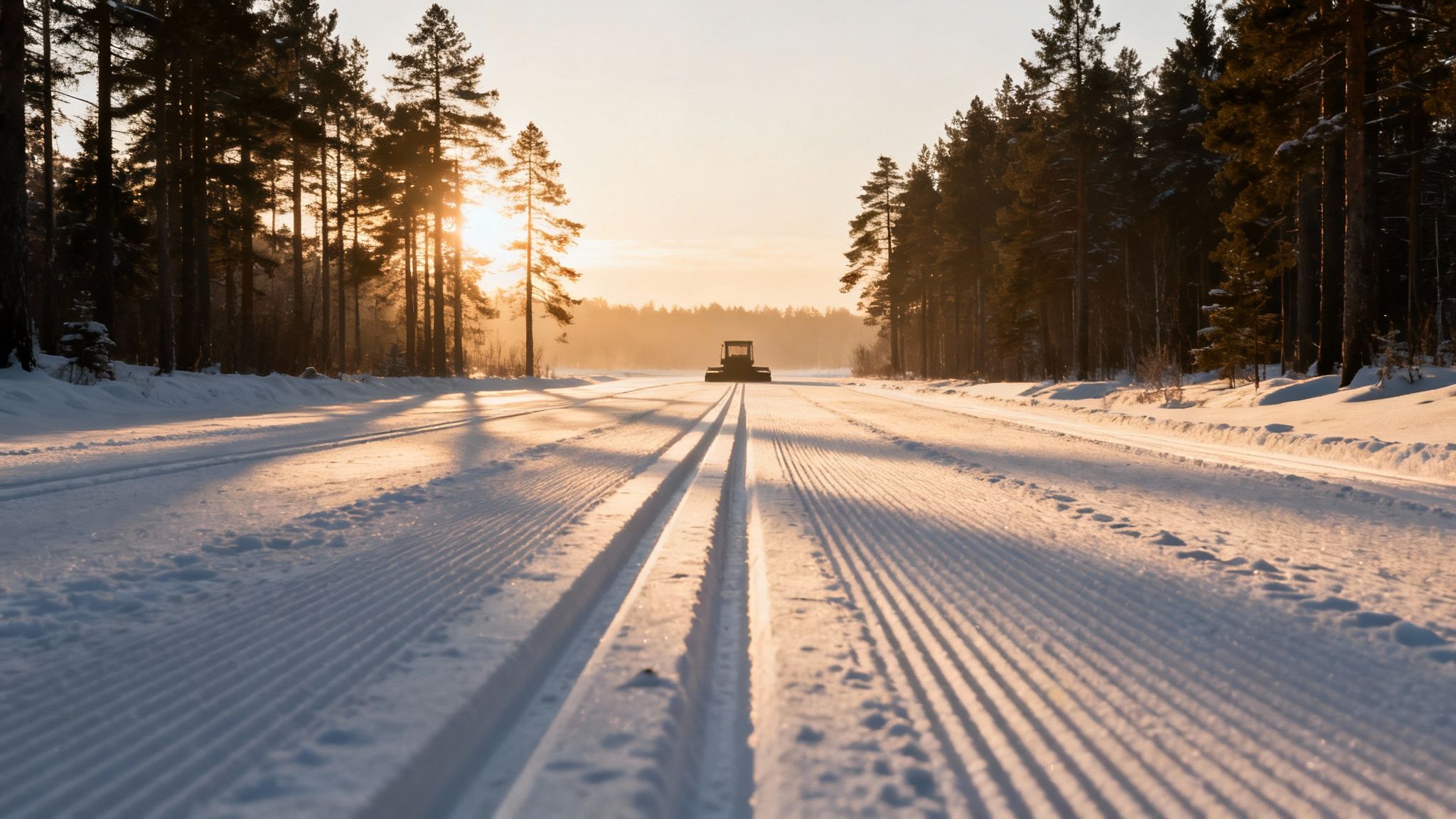 A snow groomer prepares a cross-country ski trail surrounded by pine trees at sunset.