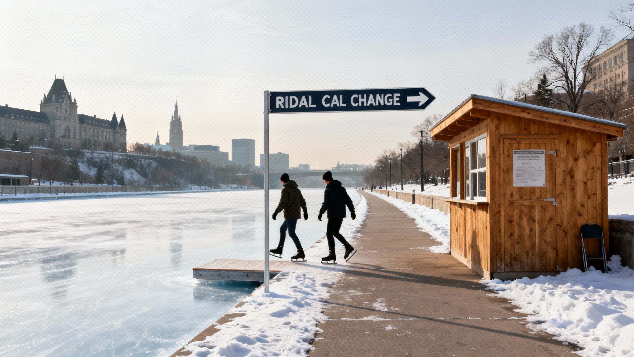 Two people ice skate on a frozen Ottawa canal with a 'RIDAL CAL CHANGE' sign and a wooden hut nearby.