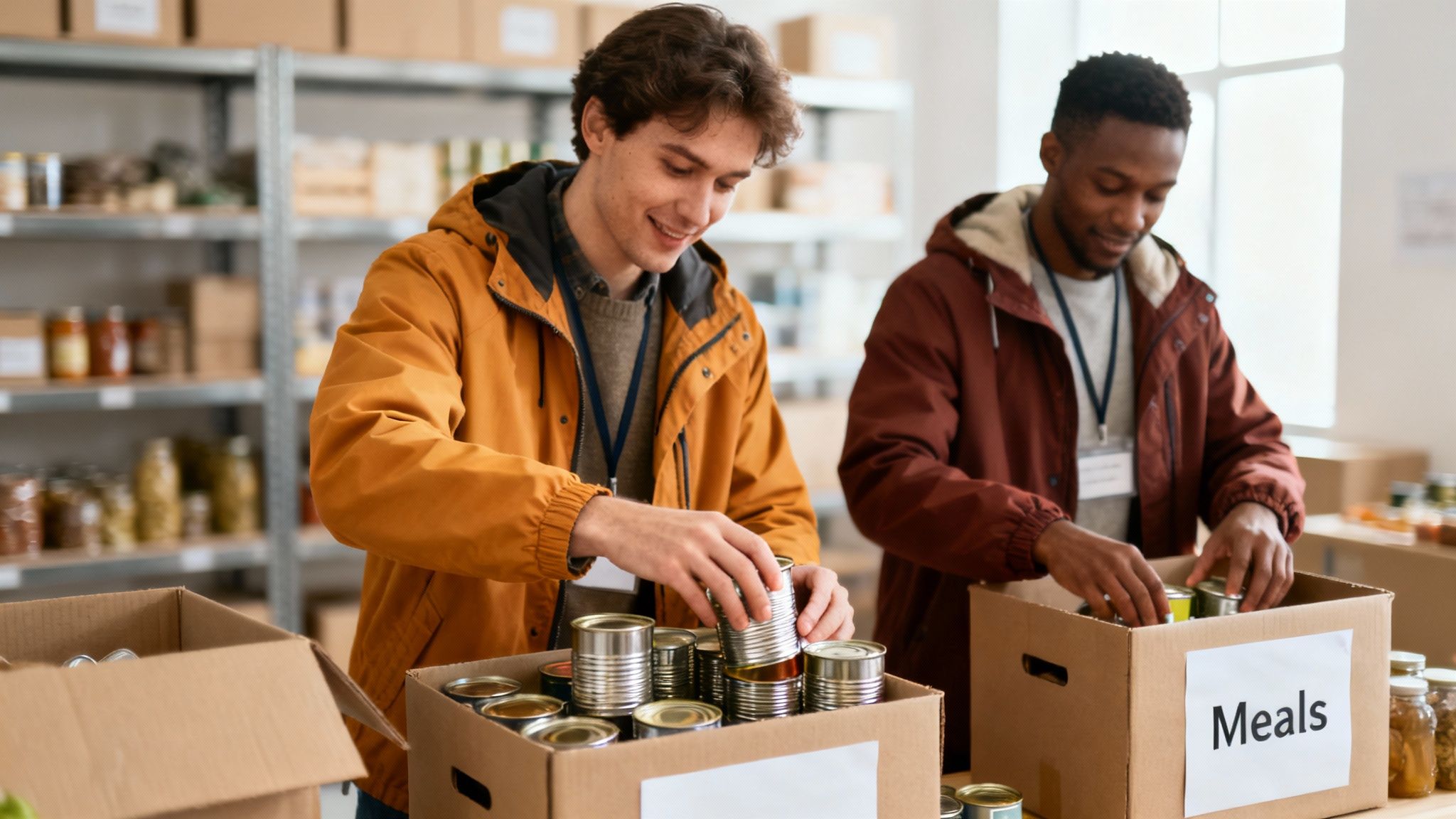 Two volunteers organizing canned food and meal donations into cardboard boxes at food bank warehouse
