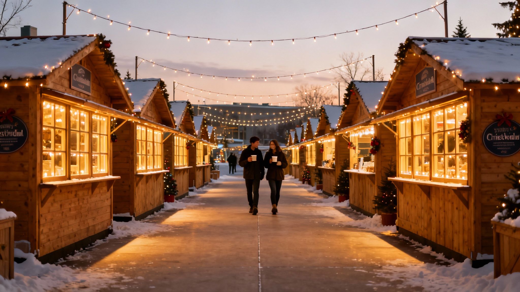 A couple walks through a festive outdoor Christmas market with snowy wooden stalls and string lights at dusk.