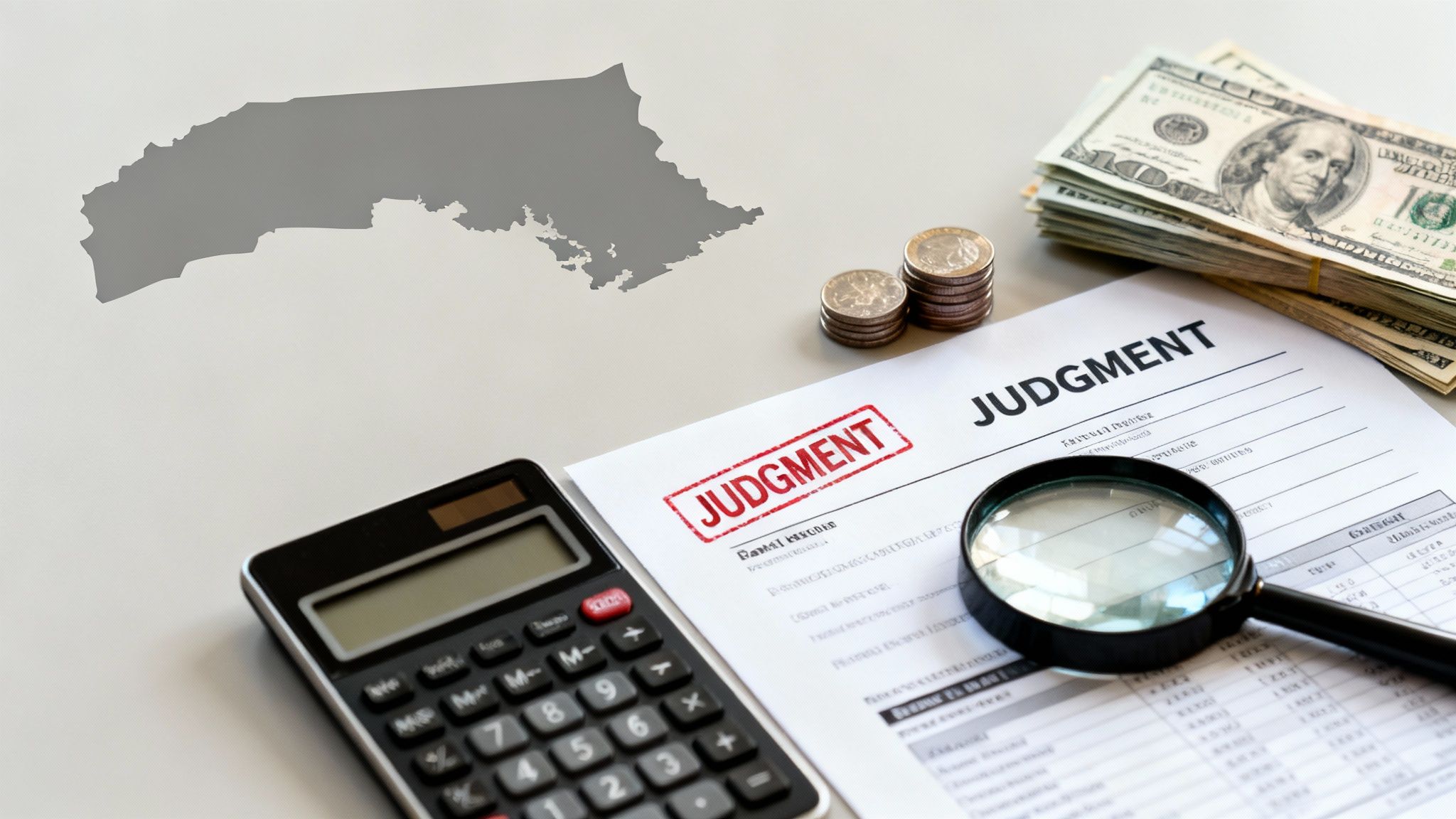 A judgment document, calculator, magnifying glass, and money on a table with a map outline, suggesting legal action.
