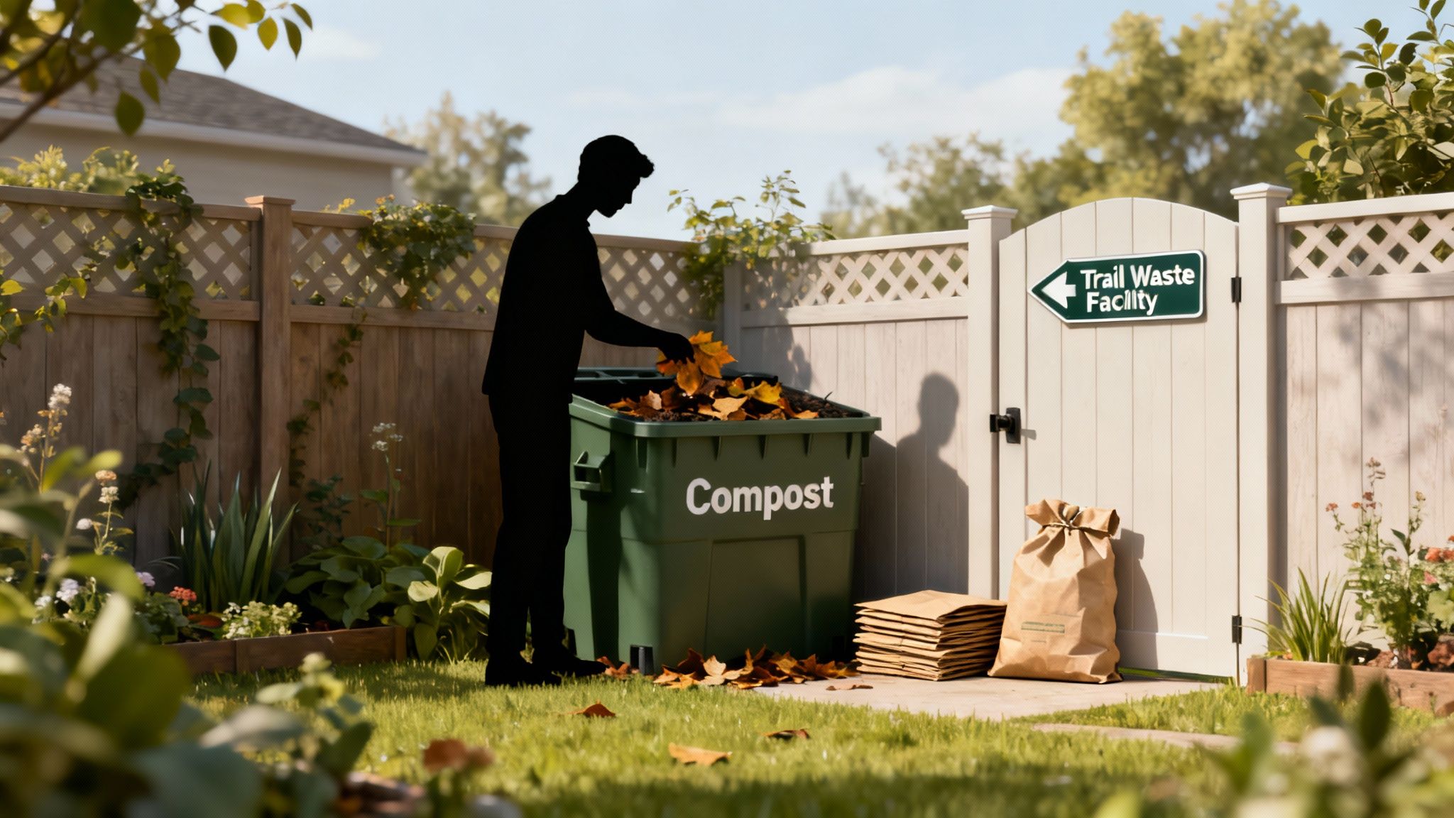 Person composting fall leaves in green bin near trail waste facility sign in backyard