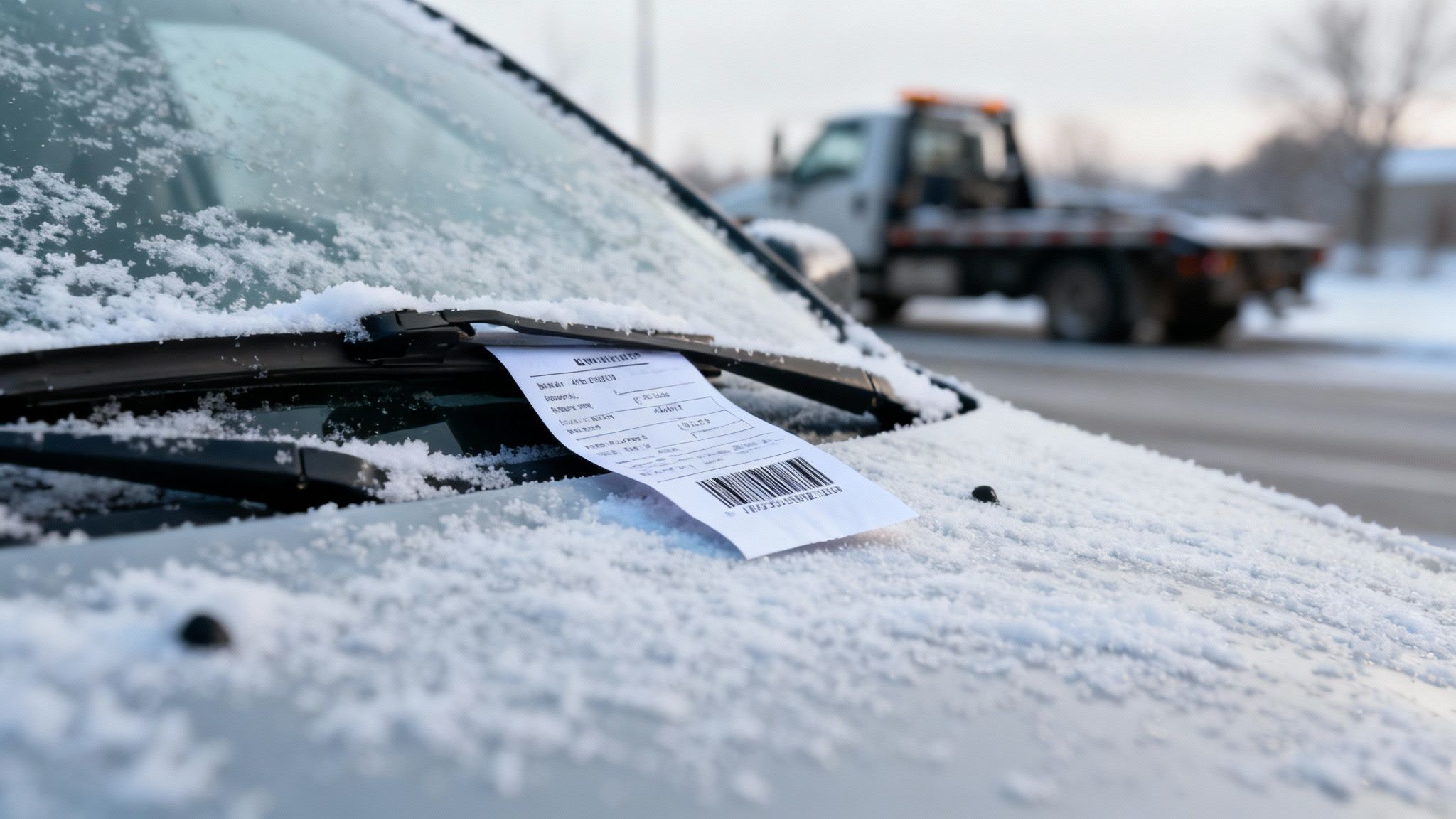 A tow truck is hooked up to a car on a snowy street, ready to remove it.