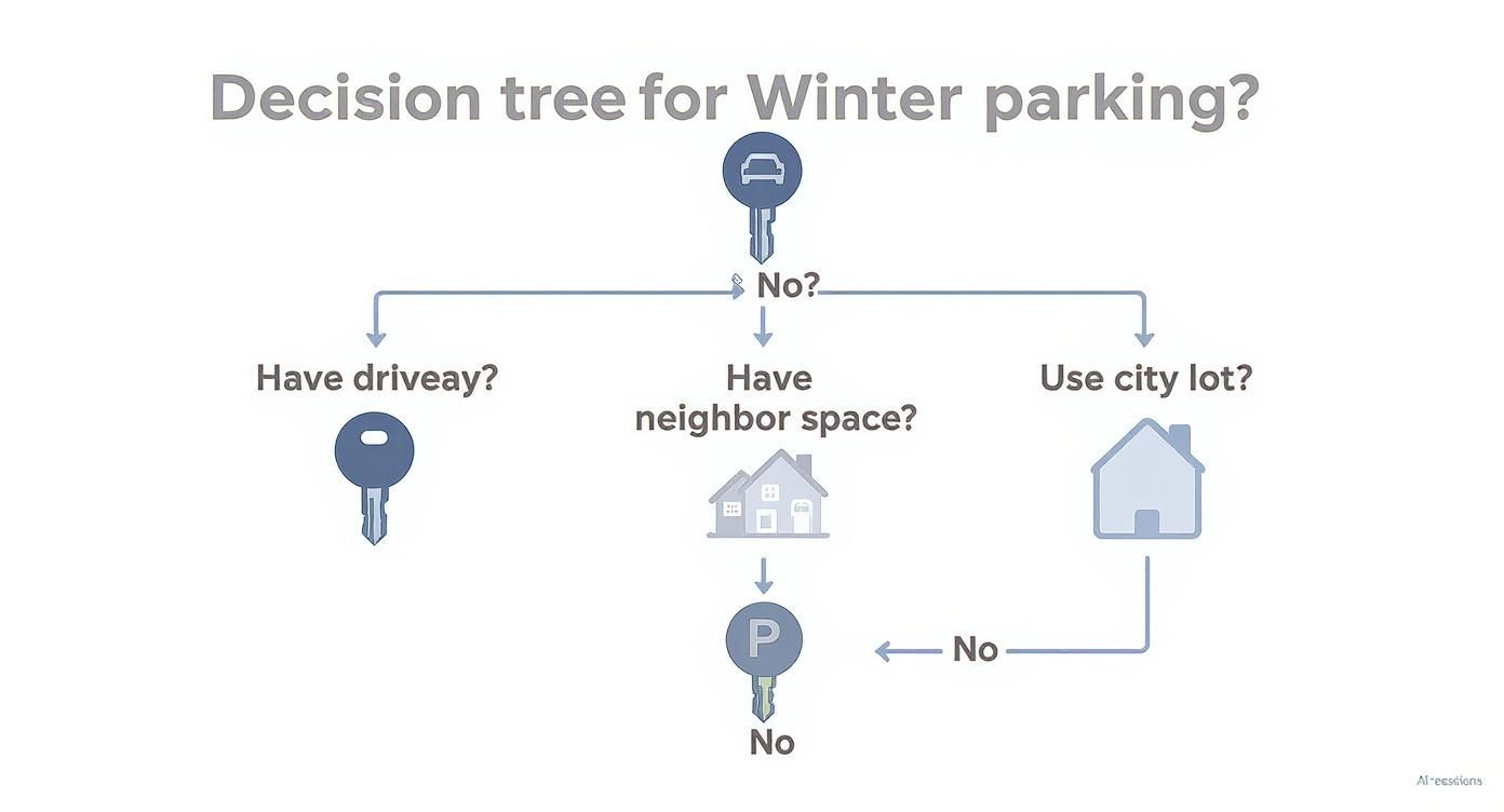 A decision tree infographic guiding residents on where to park during an Ottawa winter parking ban, with icons for driveways, neighbours, and city lots.