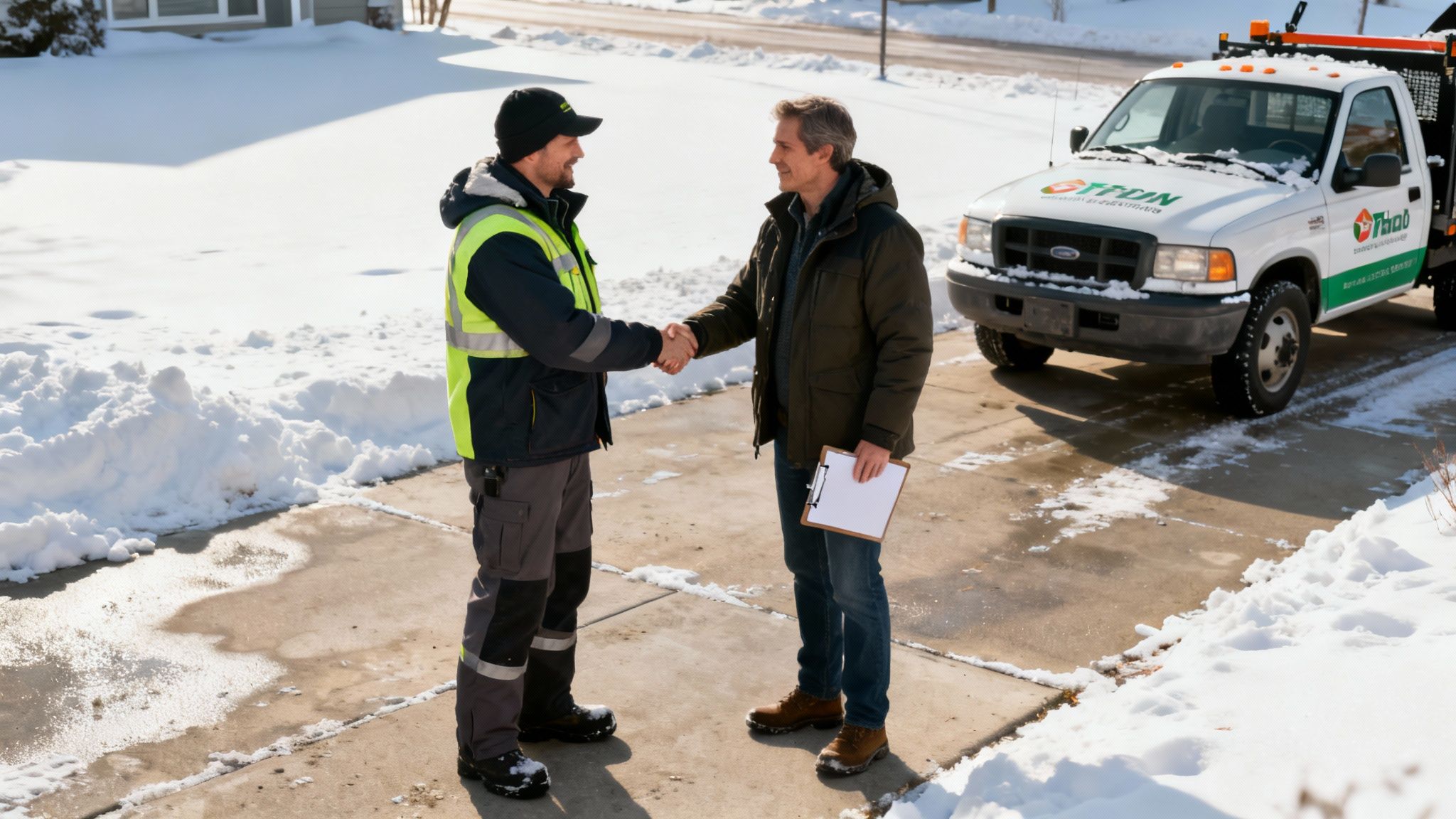 A snow removal worker and a homeowner shake hands on a snowy driveway, with a service truck nearby.