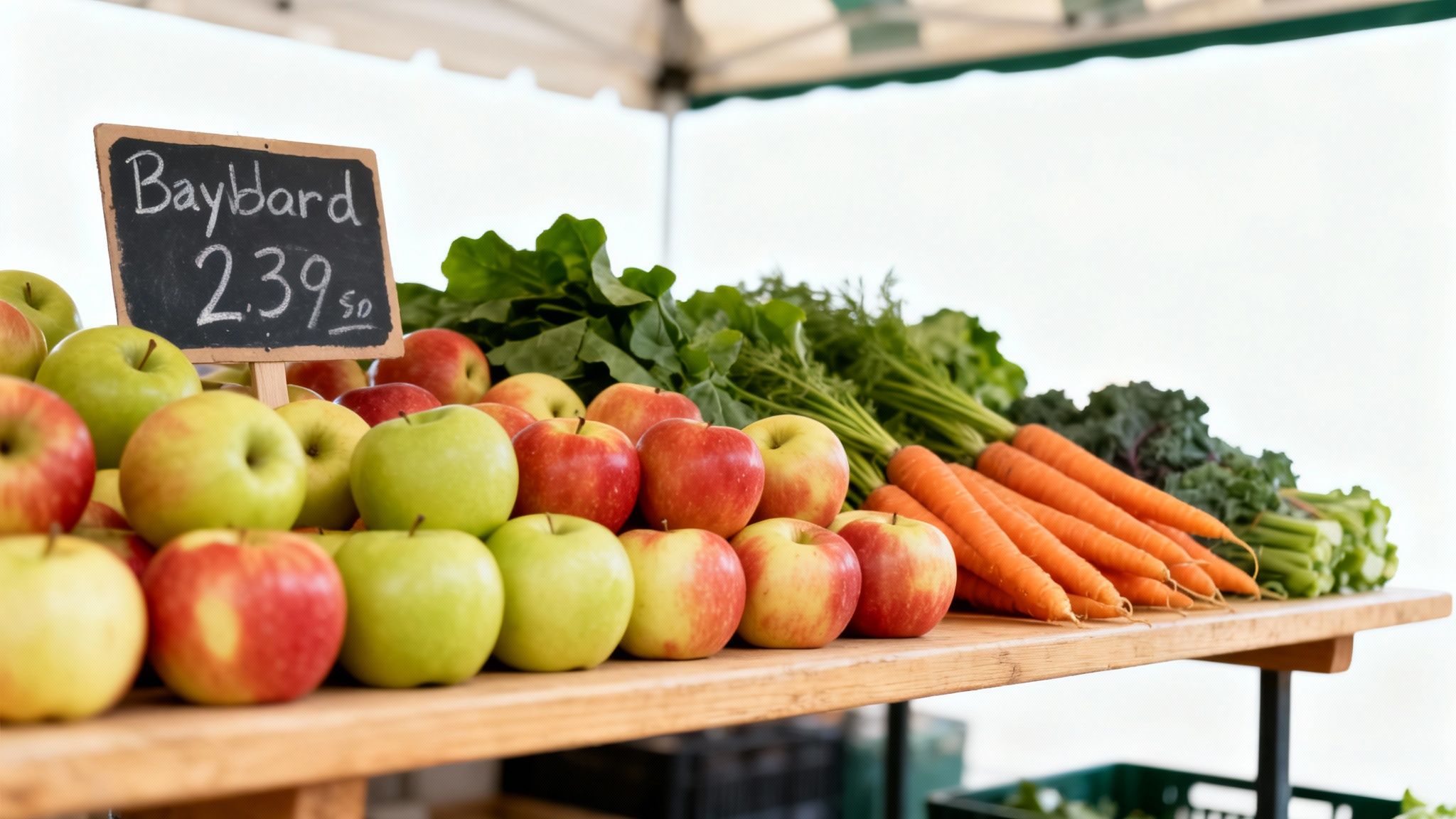 A wooden market stall displays fresh red and green apples, carrots, and leafy greens for sale.