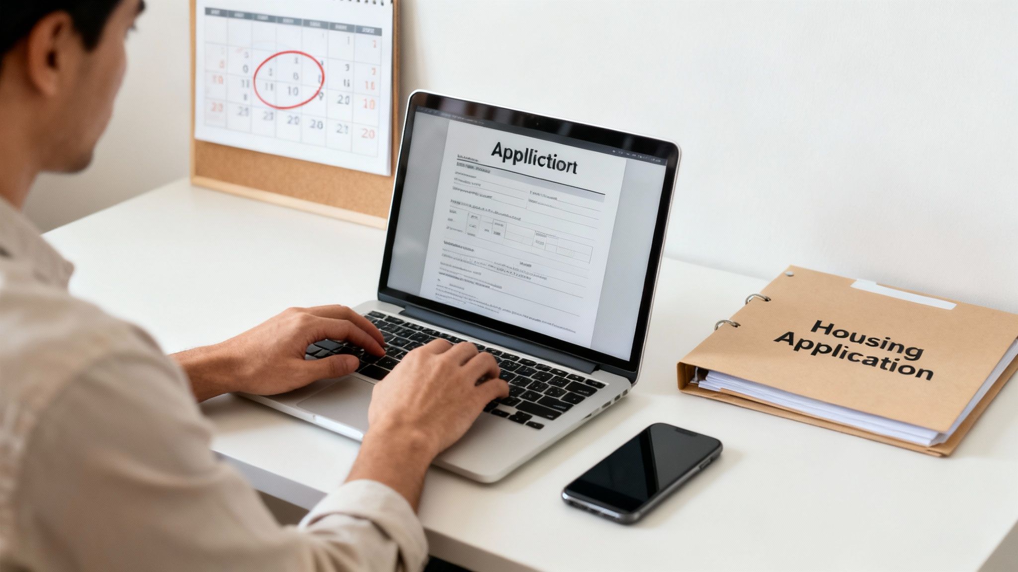 A person types on a laptop, filling out an application form, with a calendar and housing application folder on a desk.