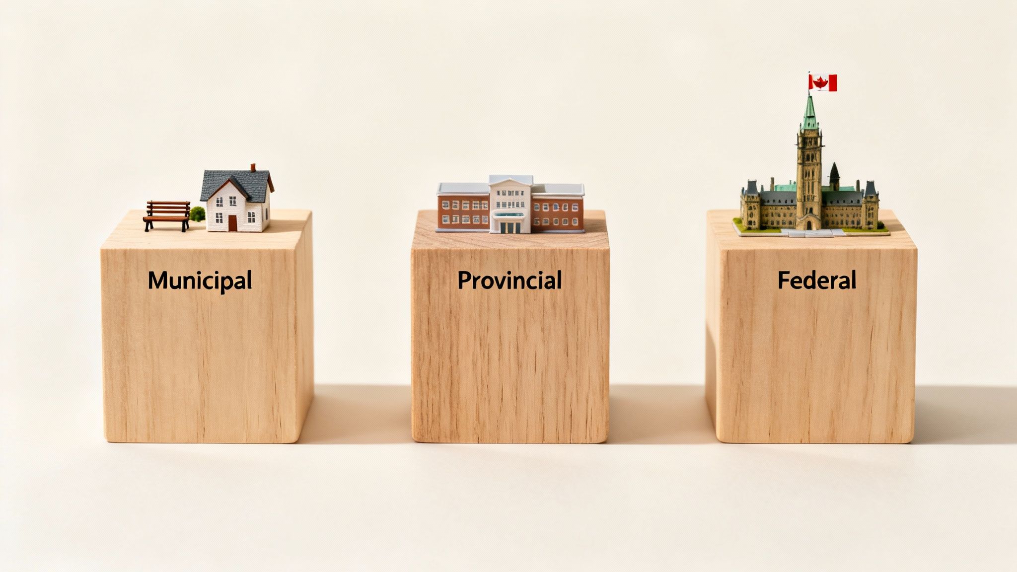 Three wooden blocks showing municipal, provincial, and federal government levels with miniature buildings.