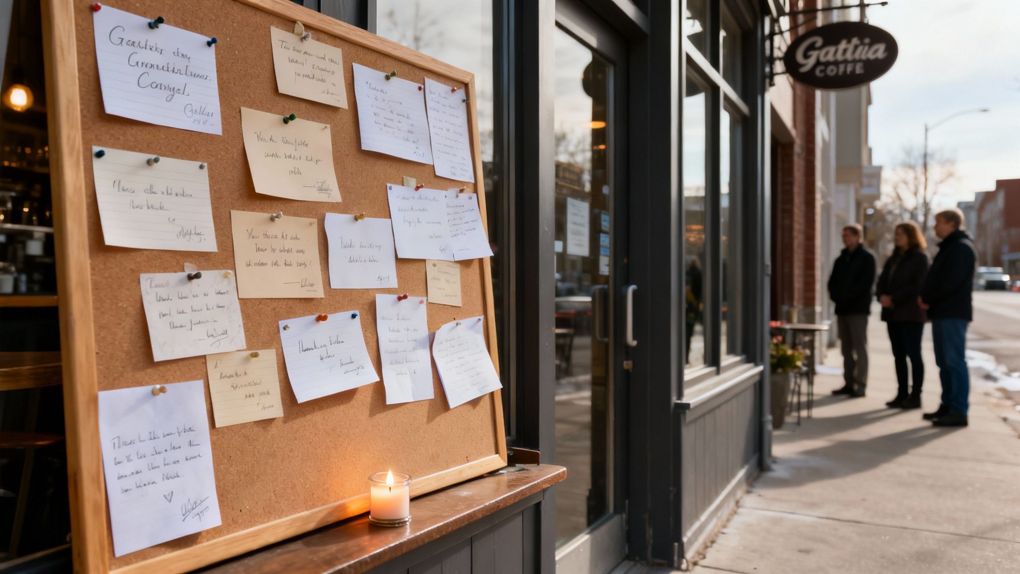 A cork board with handwritten notes and a lit candle outside a Gattiia Coffe shop.