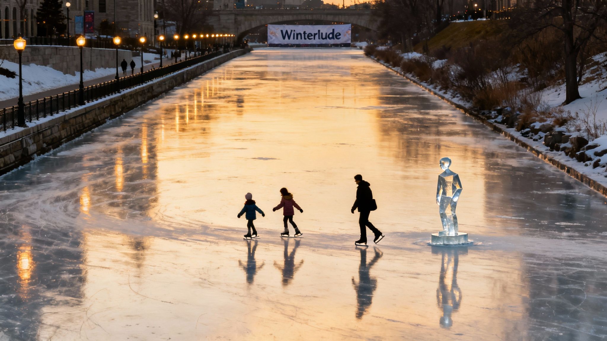 Silhouettes of people ice skating on the frozen Rideau Canal during Winterlude at sunset.