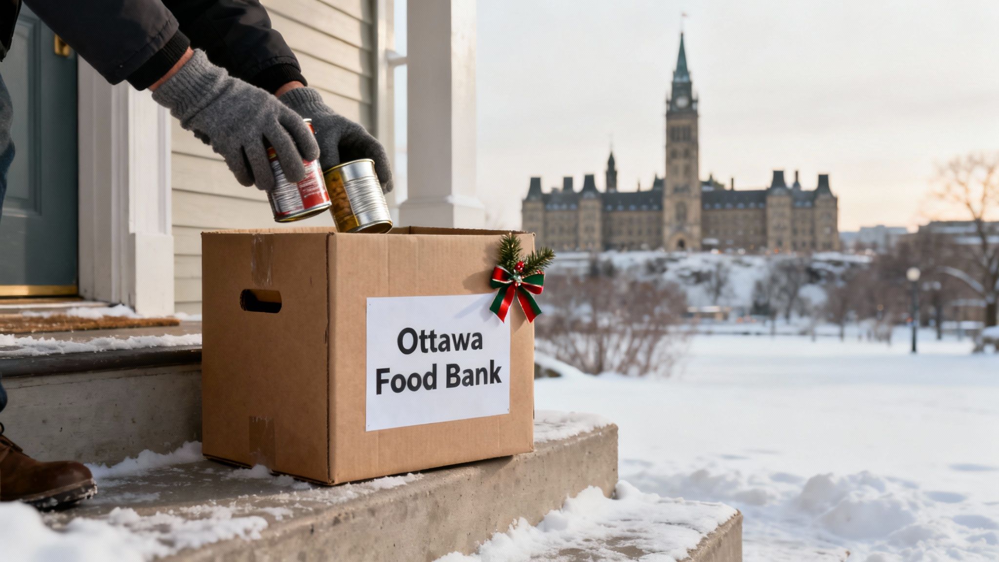 Person placing canned goods into Ottawa Food Bank donation box on snowy porch