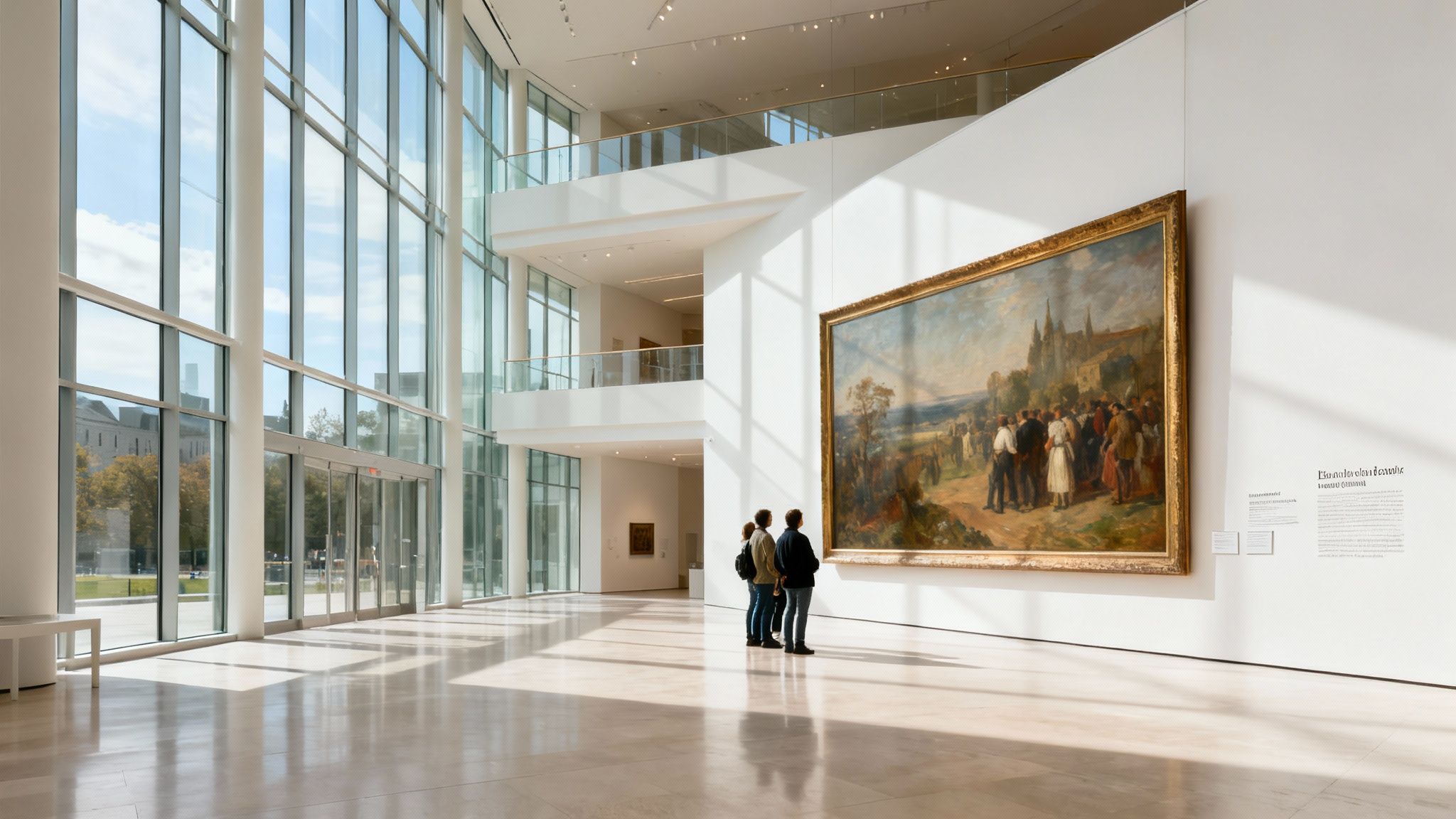 Visitors admire a grand painting in a spacious, sunlit art gallery with tall windows.